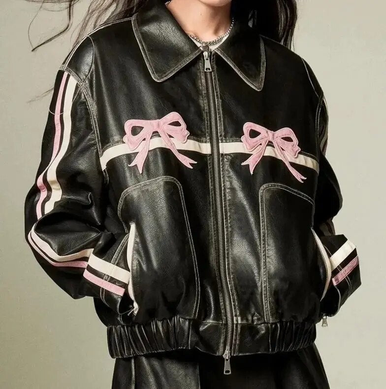 Casey - Leather Jacket with Bow Detail