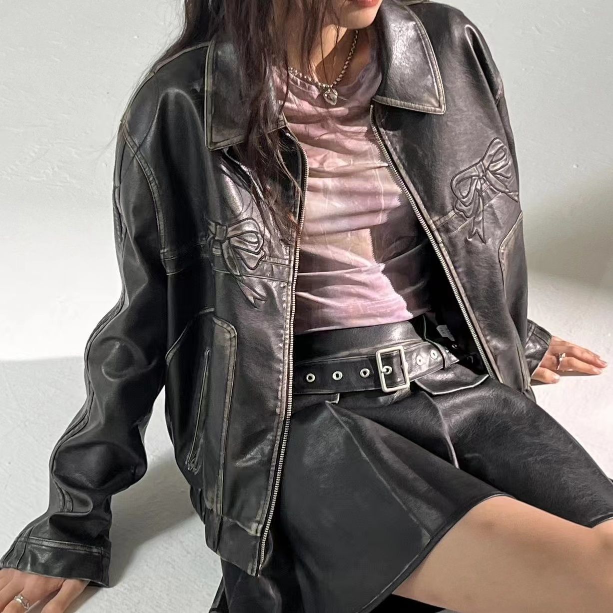 Casey - Leather Jacket with Bow Detail