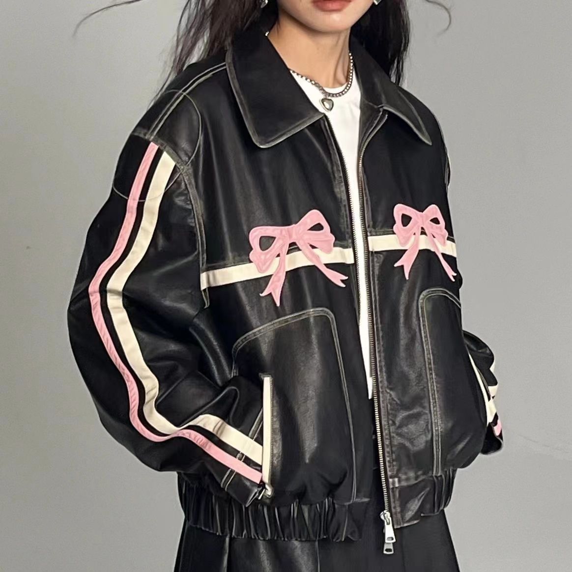 Casey - Leather Jacket with Bow Detail