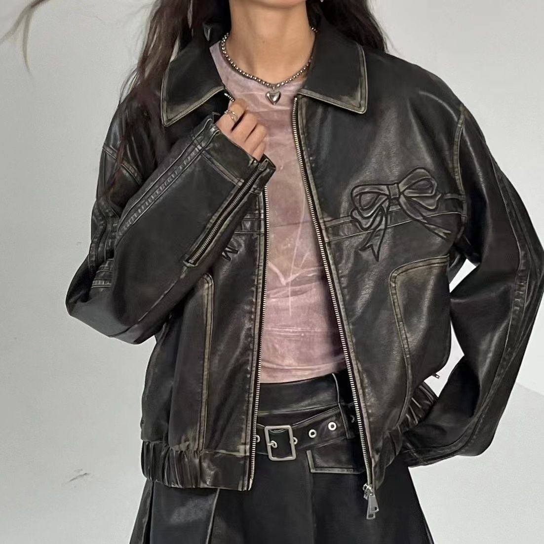 Casey - Leather Jacket with Bow Detail