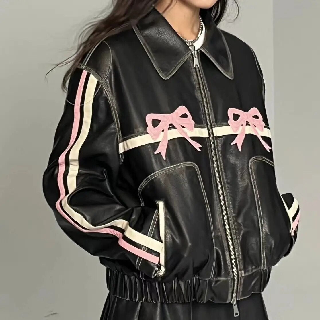 Casey - Leather Jacket with Bow Detail